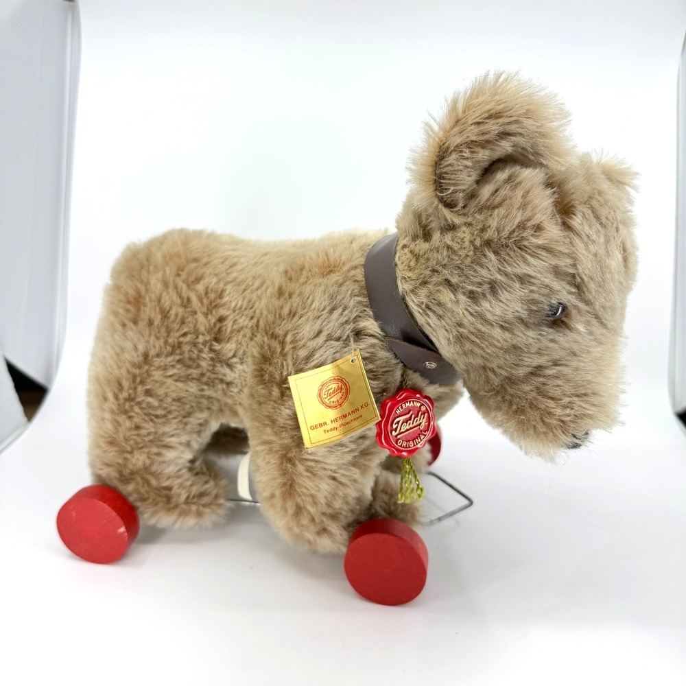 Vintage Hermann German Plush Tan Teddy Bear on Red Wheels - With Tags‎
